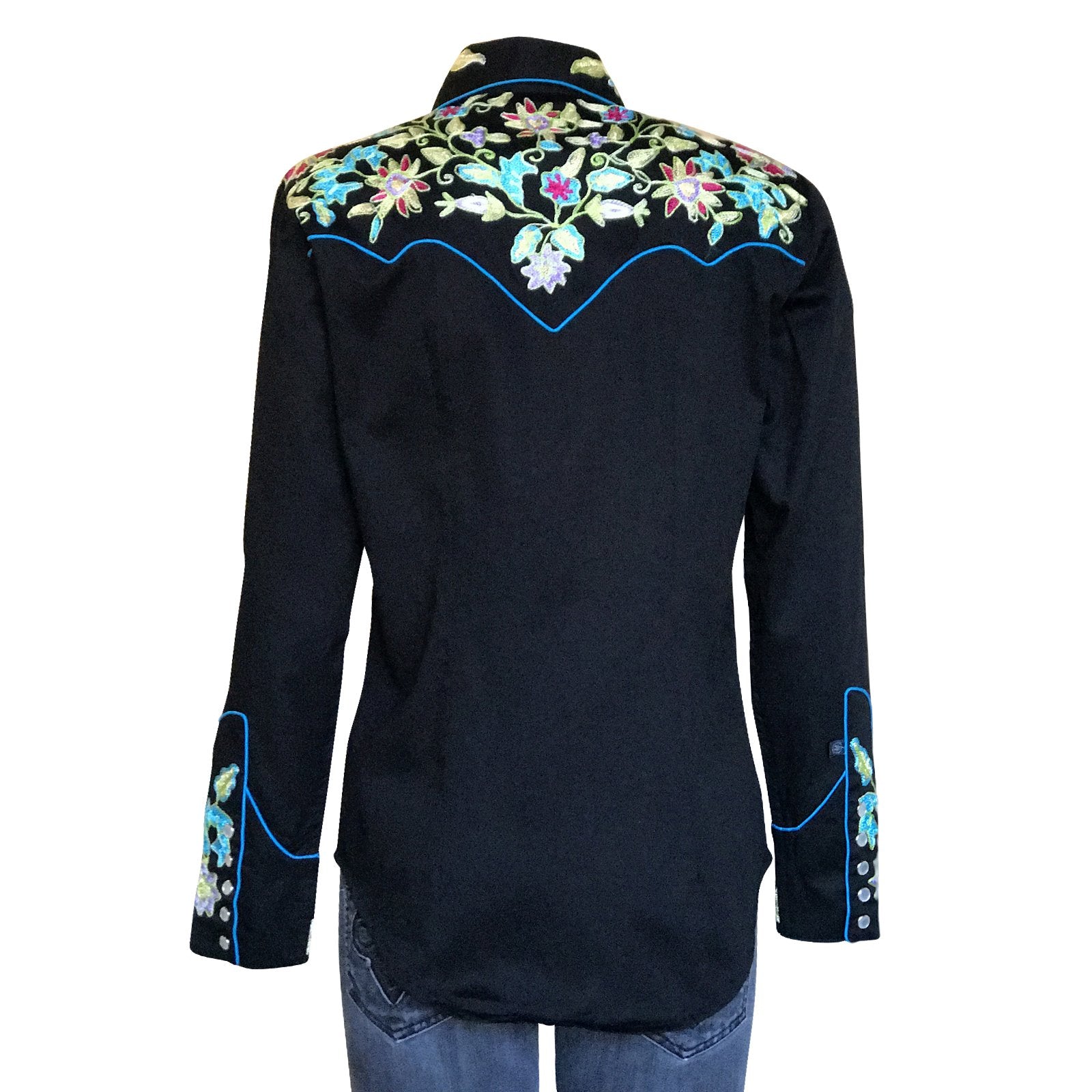Vintage Inspired Western Shirt Ladies Rockmount Floral Embroidery Black Back on Mannequin