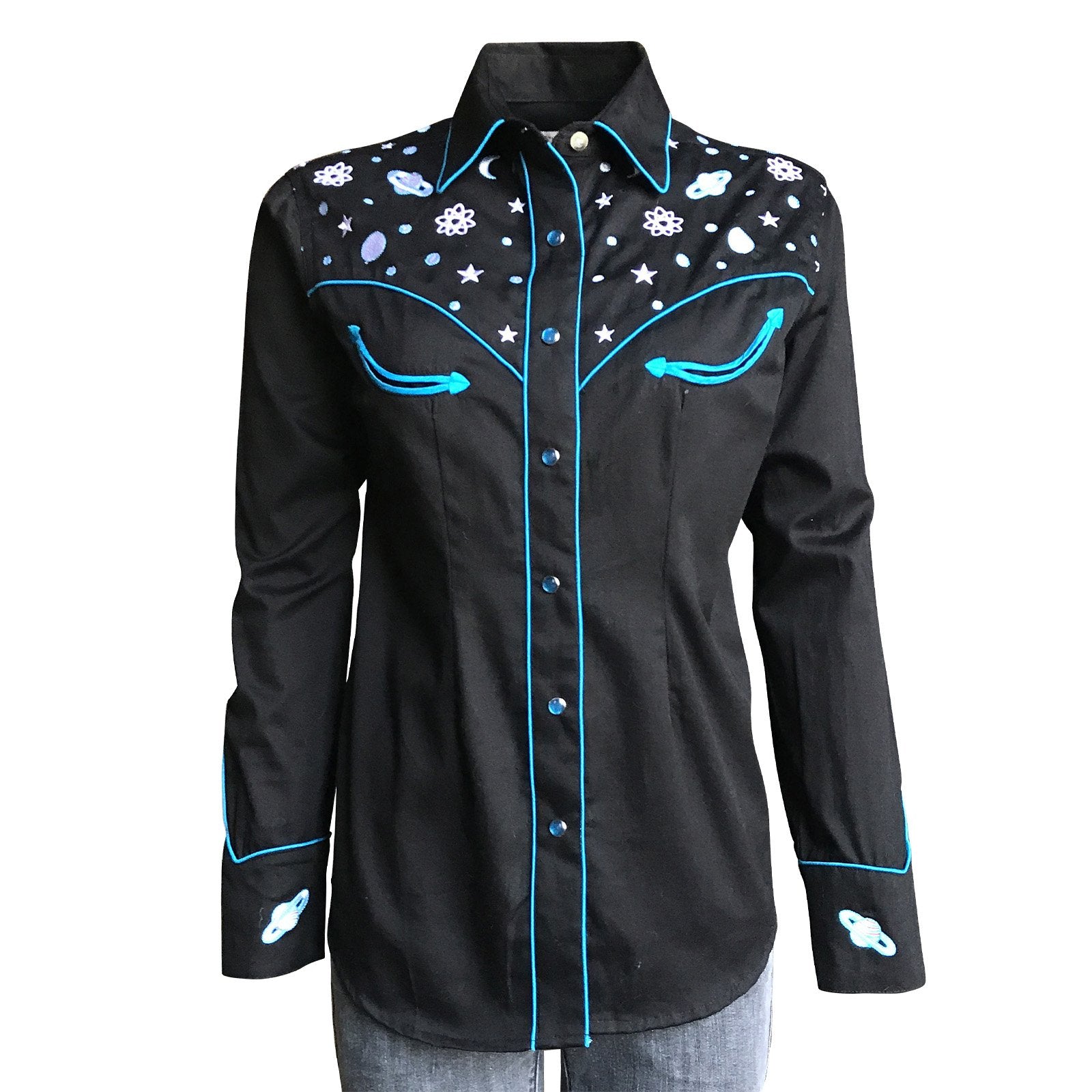 Rockmount Ranch Wear Ladies' Vintage Inspired Western Shirt with Embroidered Planets Front