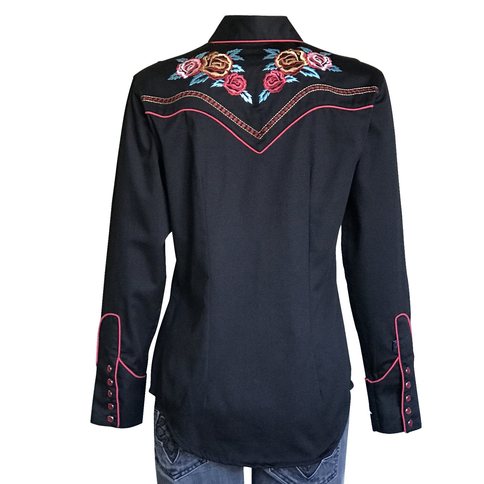 Rockmount Ranch Wear Ladies Western Shirt Embroidered Roses Black Front