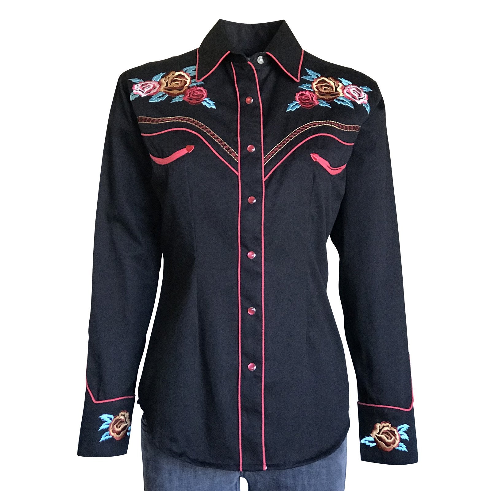 Rockmount Ranch Wear Ladies Western Shirt Embroidered Roses Black Front