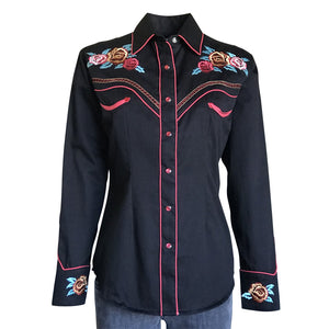 Rockmount Ranch Wear Ladies Western Shirt Embroidered Roses Black Front