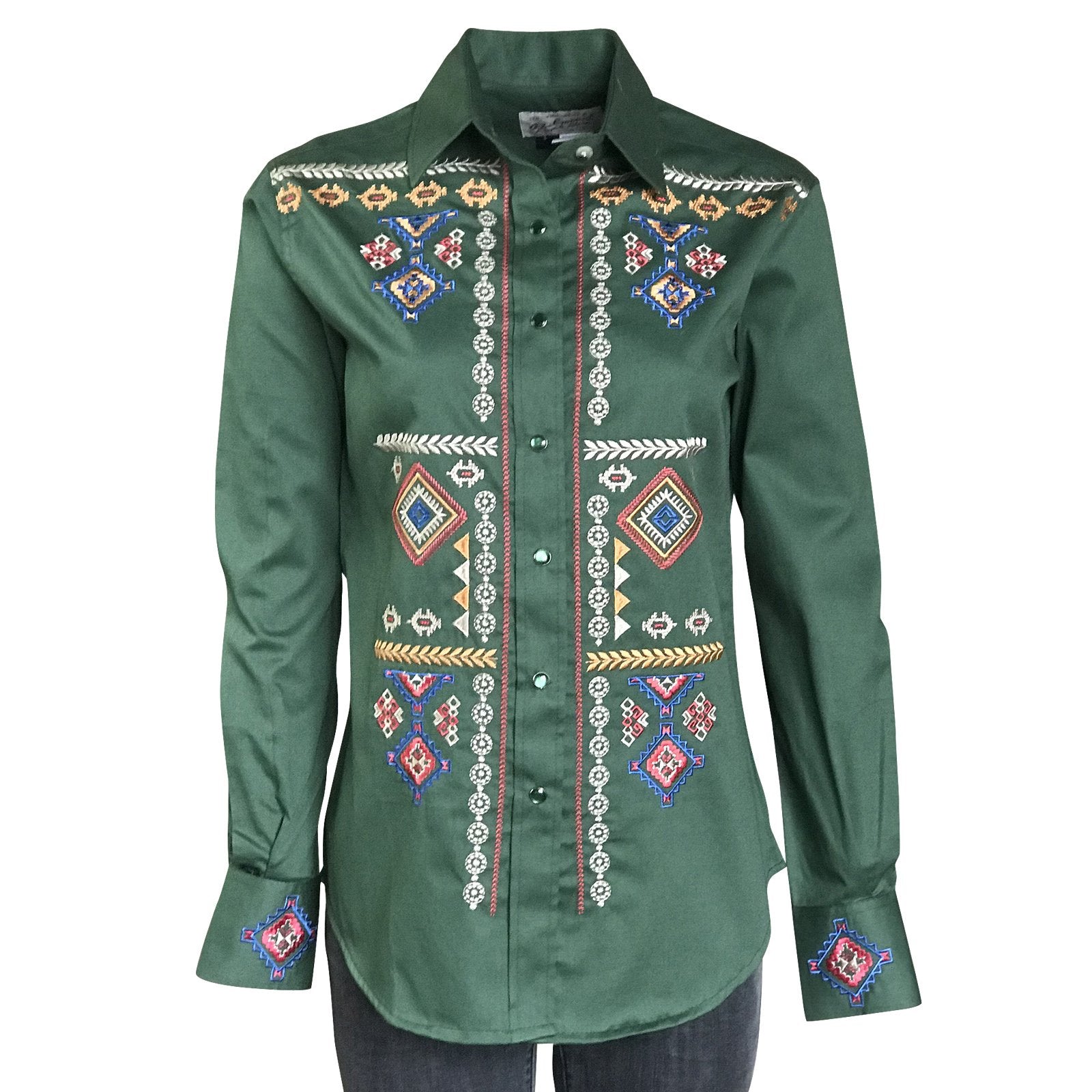 Rockmount Ranch Wear Ladies' Vintage Western Shirt Embroidered Diamond Green Front