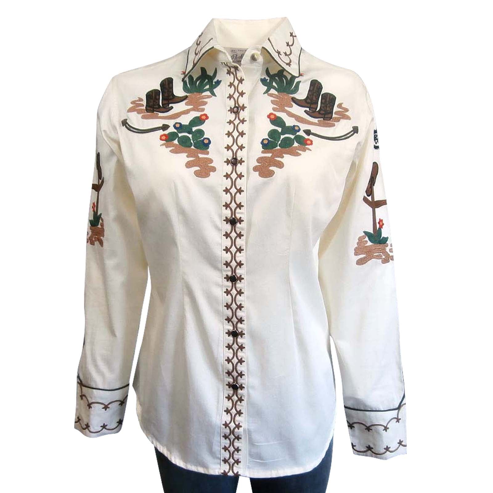Rockmount Ranch Wear Ladies' Saddles and Boots Ivory Front #177842A