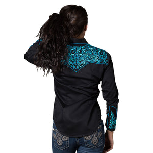 Rockmount Ranch Wear Women's Vintage Western Shirt Fancy Tooling Black Back on Model