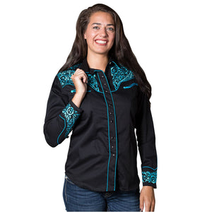 Rockmount Ranch Wear Women's Vintage Western Shirt Fancy Tooling Black Front on Model