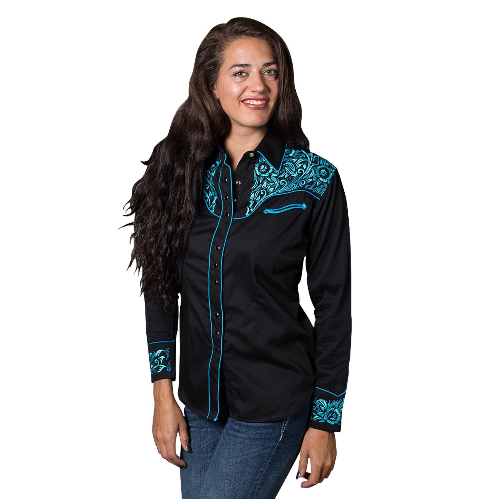 Rockmount Ranch Wear Women's Vintage Western Shirt Fancy Tooling Black Front on Model