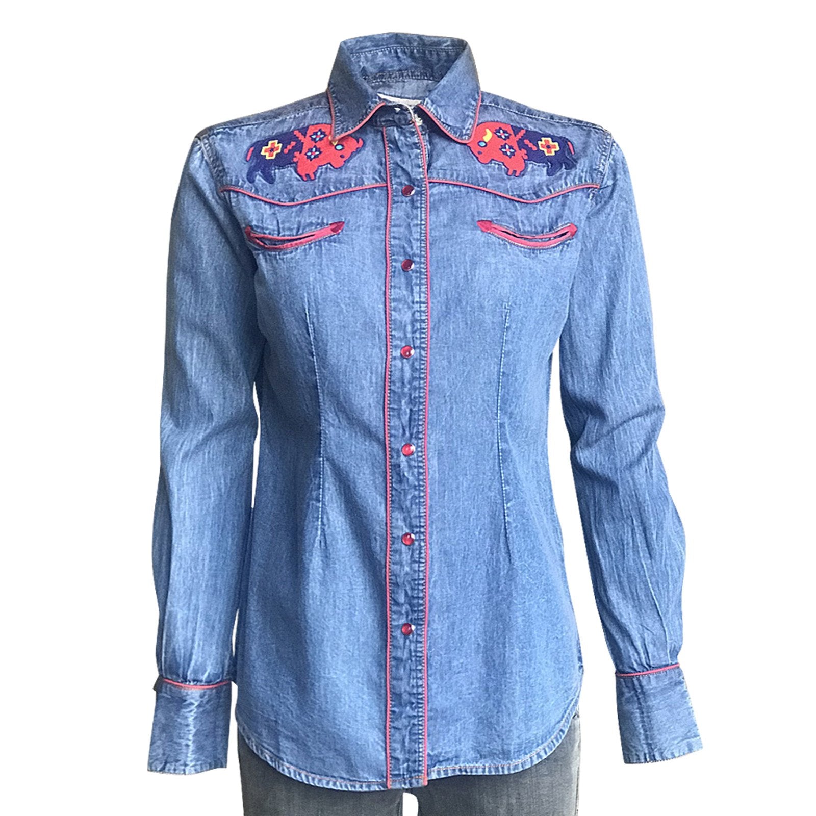 Rockmount Ranch Wear Ladies' Vintage Inspired Western Denim Shirt Bison Front