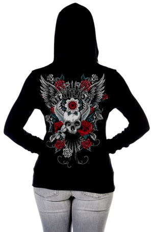 Liberty Wear Women's Hoodie Devilish Zip Front Skull on Reverse Back View