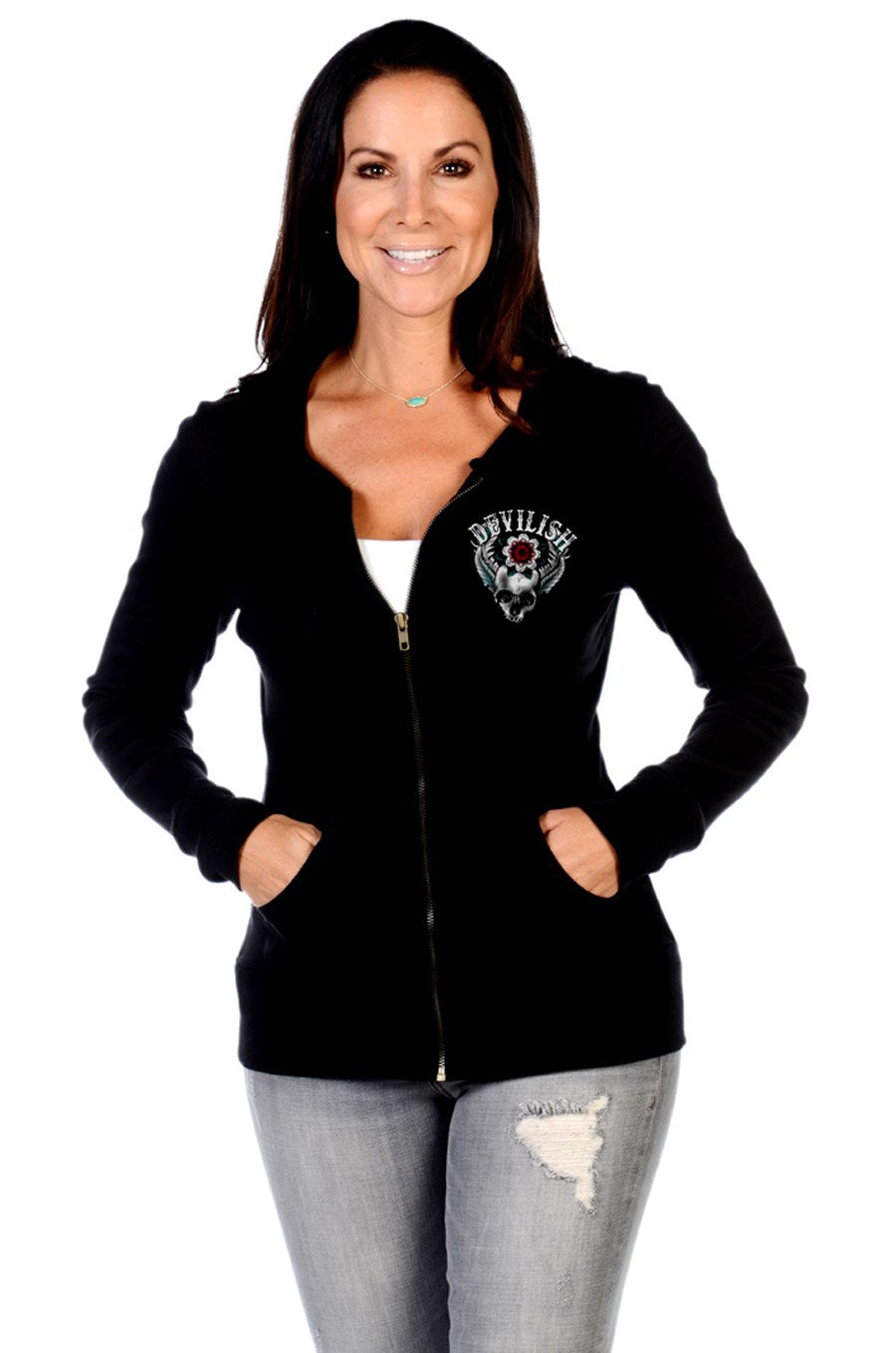 Liberty Wear Women's Hoodie Devilish Zip Front Skull Front View