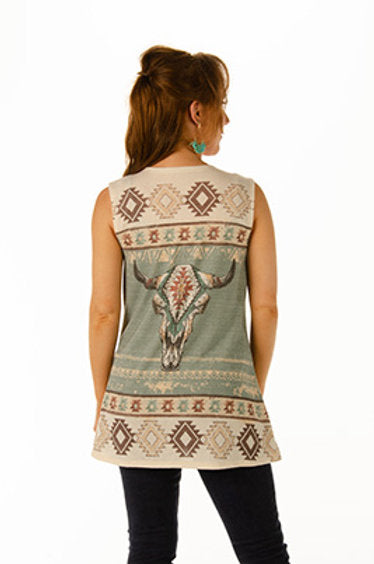 Liberty Wear Ladies' Cardigan Vest Geometric & Steer Head Print Front
