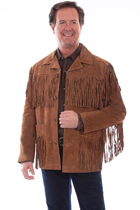 Scully Mens Frontier Suede Fringe Jacket, Cinnamon Front View