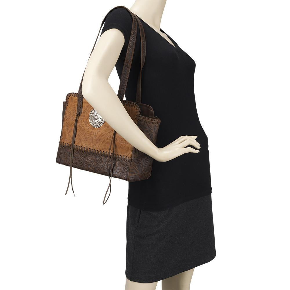 American West Handbag, Annie's Secret, Zip Top Tote Golden Tan on Mannequin