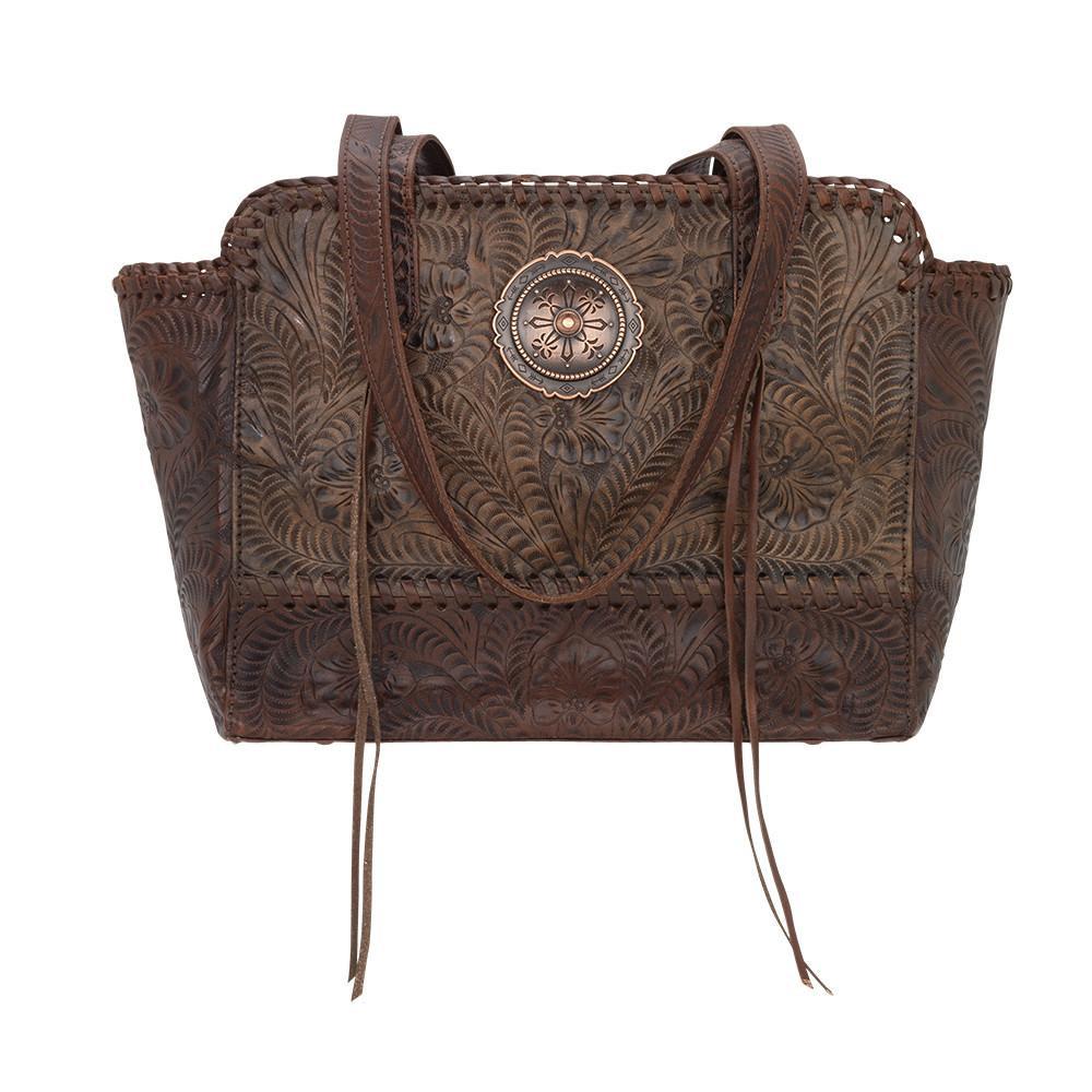 American West Handbag, Annie's Secret, Zip Top Tote Distressed Charcoal Brown Front