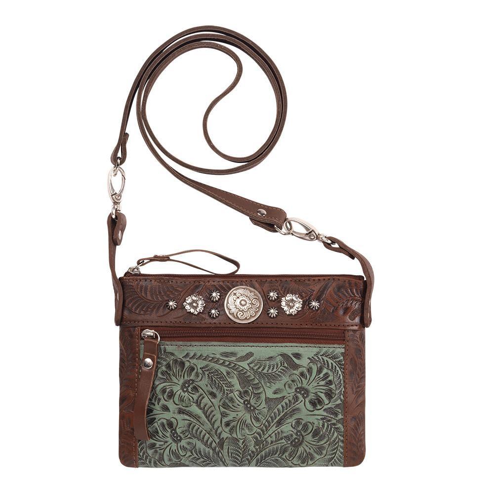 American West Handbag, Trail Rider Collection, Crossbody Turquoise Tooled