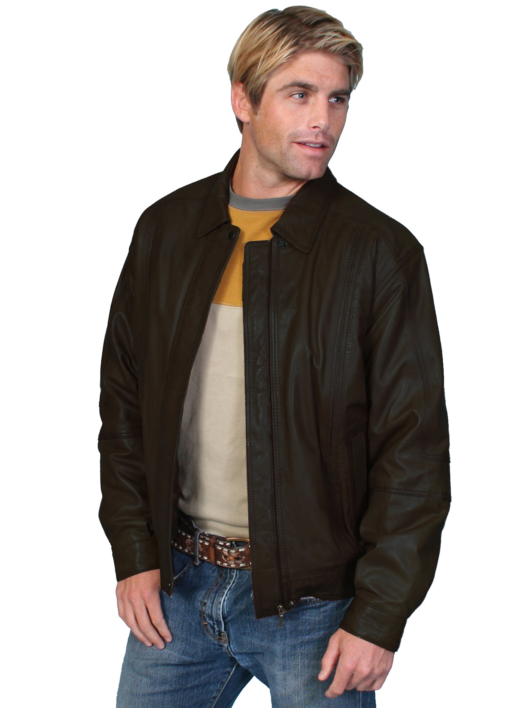 Scully Men's Leather Jacket Lambskin Zip Front Cognac Tan Front