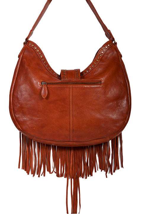 Scully Leather Shoulder Hobo Bag with Fringe and Studs Back