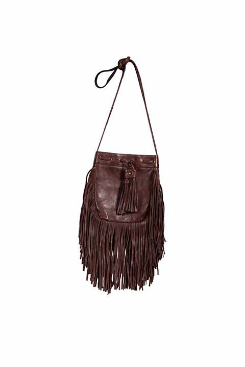 Scully Ladies' Leather Cinch Top Shoulder Bag with Fringe Dark Brown Front