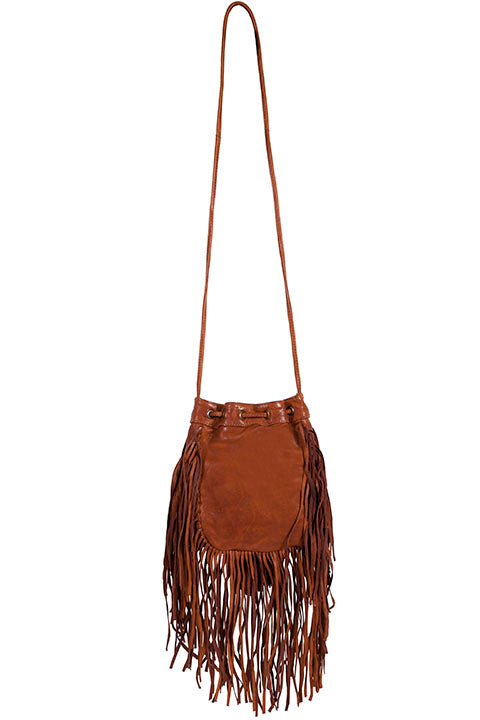 Scully Ladies' Leather Cinch Top Shoulder Bag with Fringe Brown Back