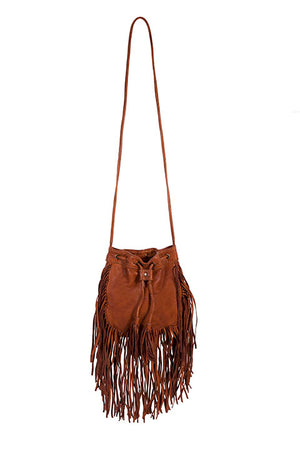Scully Ladies' Leather Cinch Top Shoulder Bag with Fringe Brown Front