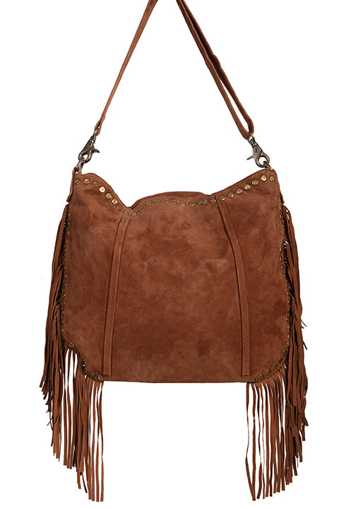 Scully Ladies' Leather Shoulder Handbag with Beads and Fringe Brown Back #719200