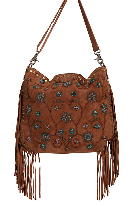 Scully Ladies' Leather Shoulder Handbag with Beads and Fringe Brown Front #719200