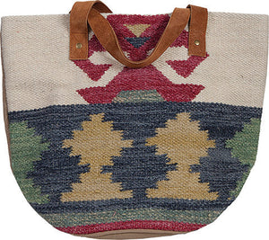 Scully Woven Handbag Geometric Print with Suede Handles Front
