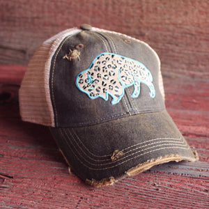 Original Cowgirl Clothing Cap Bison with Leopard Spots Distressed Black