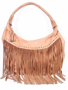 Scully Leather Co. leather Shoulder Bag with Long Fringe and Rivets on Model
