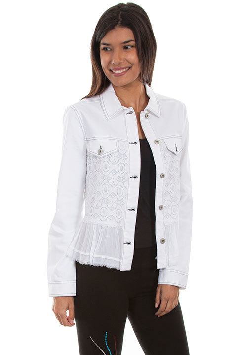 Scully Honey Creek Ladies' Denim Jean Jacket with Lace Insert White Front