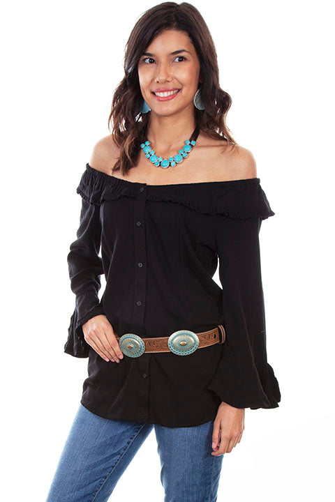 Scully Ladies' Honey Creek Off The Shoulder Top with Ruffles Black Front