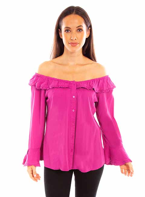 Scully Ladies' Honey Creek Off The Shoulder Top with Ruffles Pink Front