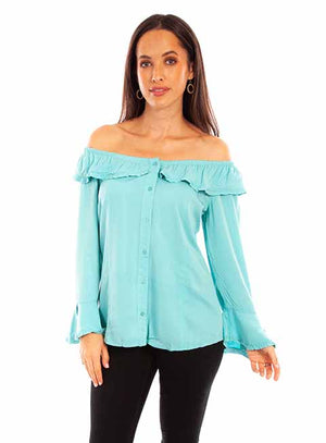 Scully Ladies' Honey Creek Off The Shoulder Top with Ruffles Turquoise Front