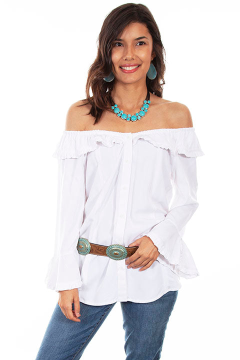 Scully Ladies' Honey Creek Off The Shoulder Top with Ruffles Turquoise Front