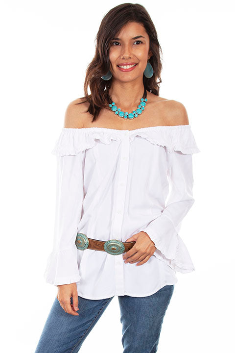 Scully Ladies' Honey Creek Off The Shoulder Top with Ruffles White Front