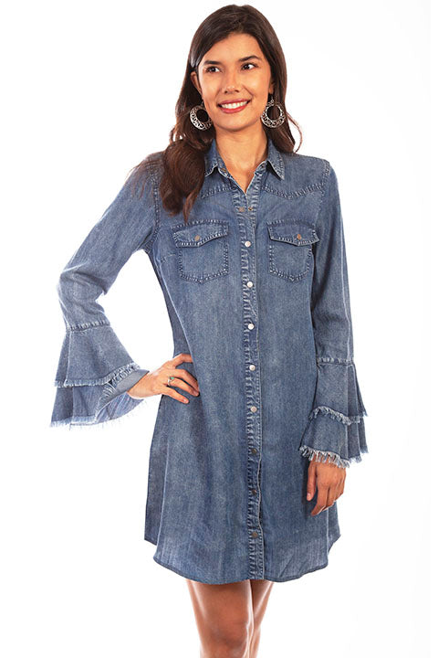 Scully Honey Creek Double Ruffle Cuff Western Denim Dress #719619