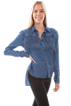 HC641 Scully Ladies' Honey Creek Fringe Denim Shirt Front