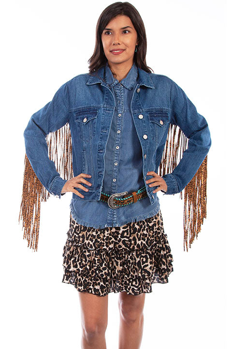 Scully Honey Creek Ladies' Denim Jacket Leopard Print Fringe Back HC647