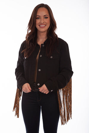Scully Honey Creek Ladies' Black Denim Jacket Leopard Fringe Front HC662