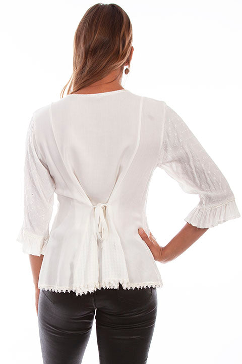 Honey Creek Blouse with 3/4 Sleeves, Ruffles, Buttons Ivory Back XS-2XL