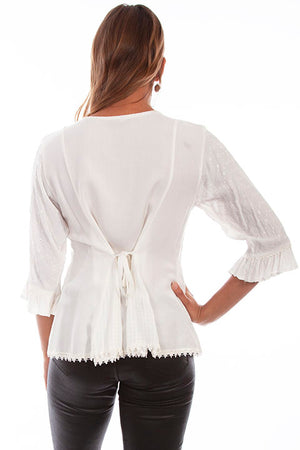 Honey Creek Blouse with 3/4 Sleeves, Ruffles, Buttons Ivory Back XS-2XL