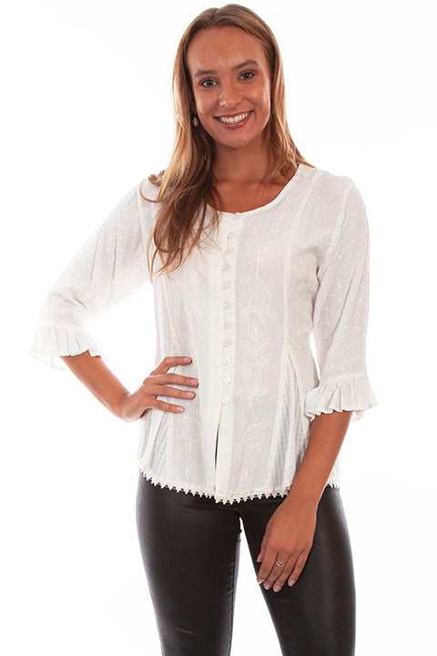 Honey Creek Blouse with 3/4 Sleeves, Ruffles, Buttons Ivory Front XS-2XL