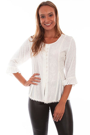 Honey Creek Blouse with 3/4 Sleeves, Ruffles, Buttons Ivory Front XS-2XL