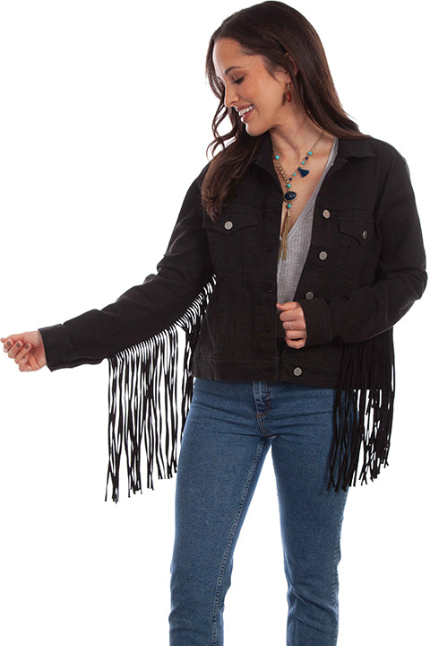 Scully Honey Creek Black Denim Jacket with Black Fringe Front