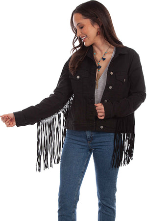 Scully Honey Creek Black Denim Jacket with Black Fringe Front