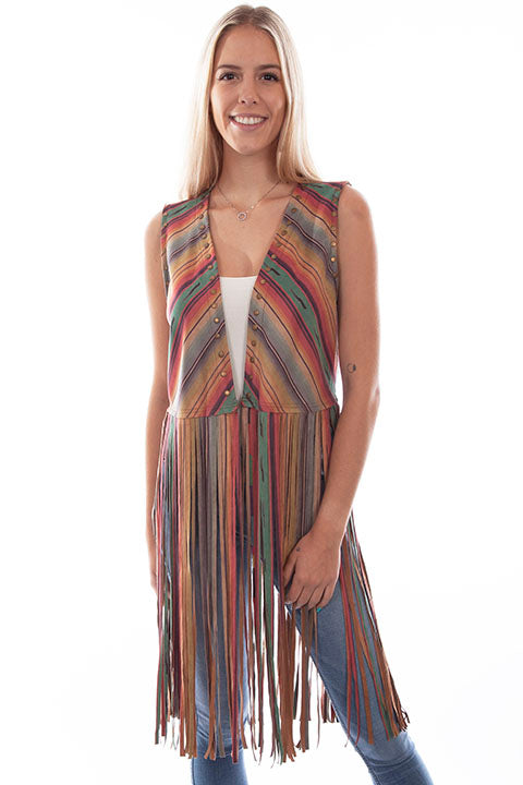 Scully Honey Creek Ladies' Print Serape Vest Fringe Front