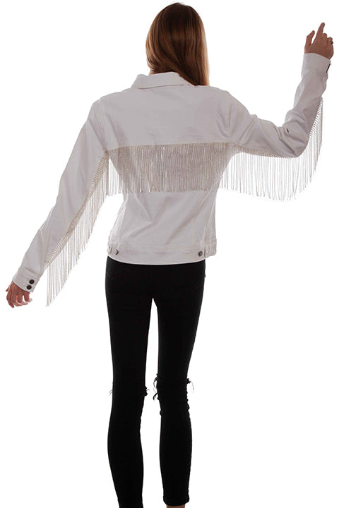 Scully Honey Creek Ladies White Denim Jacket with Rhinestone Fringe Back