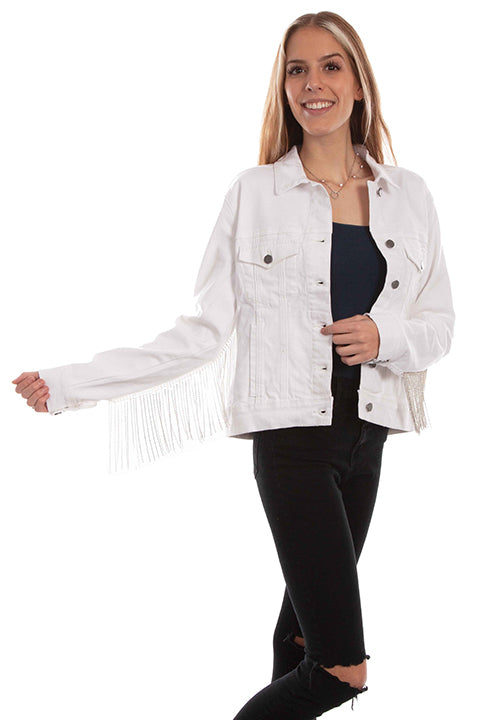 Scully Honey Creek Ladies White Denim Jacket with Rhinestone Fringe Front