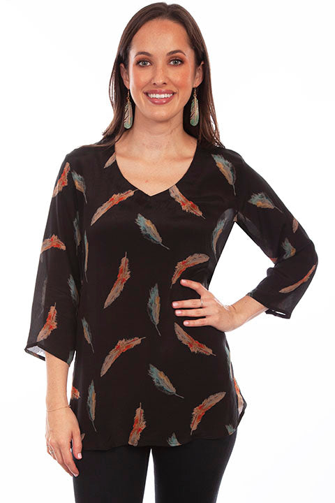 Scully Ladies' Honey Creek Feather Print Blouse