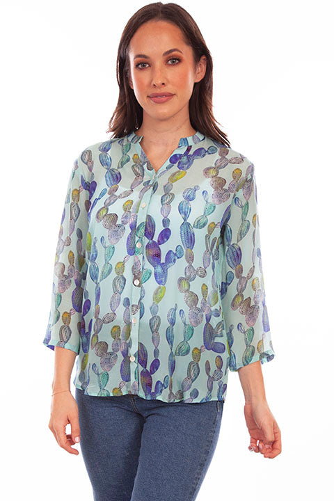 Scully Honey Creek Ladies' Aqua Print Blouse Front