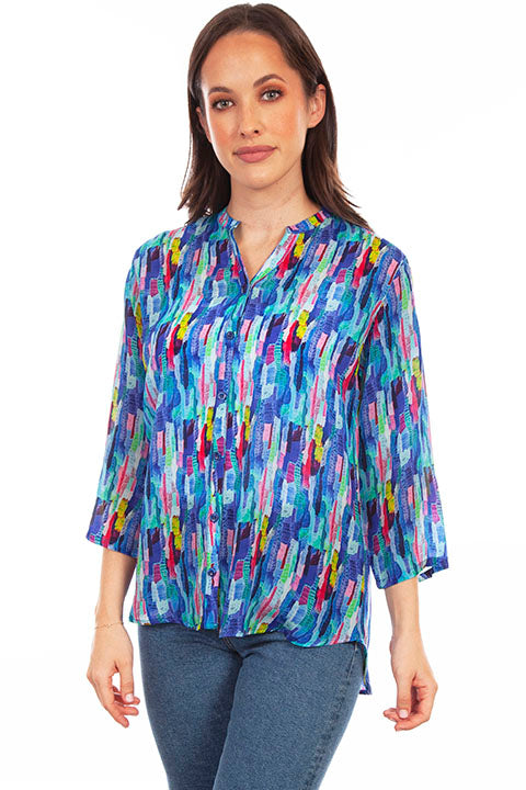Scully Ladies' Honey Creek Blouse Dazzling Blue Print Front